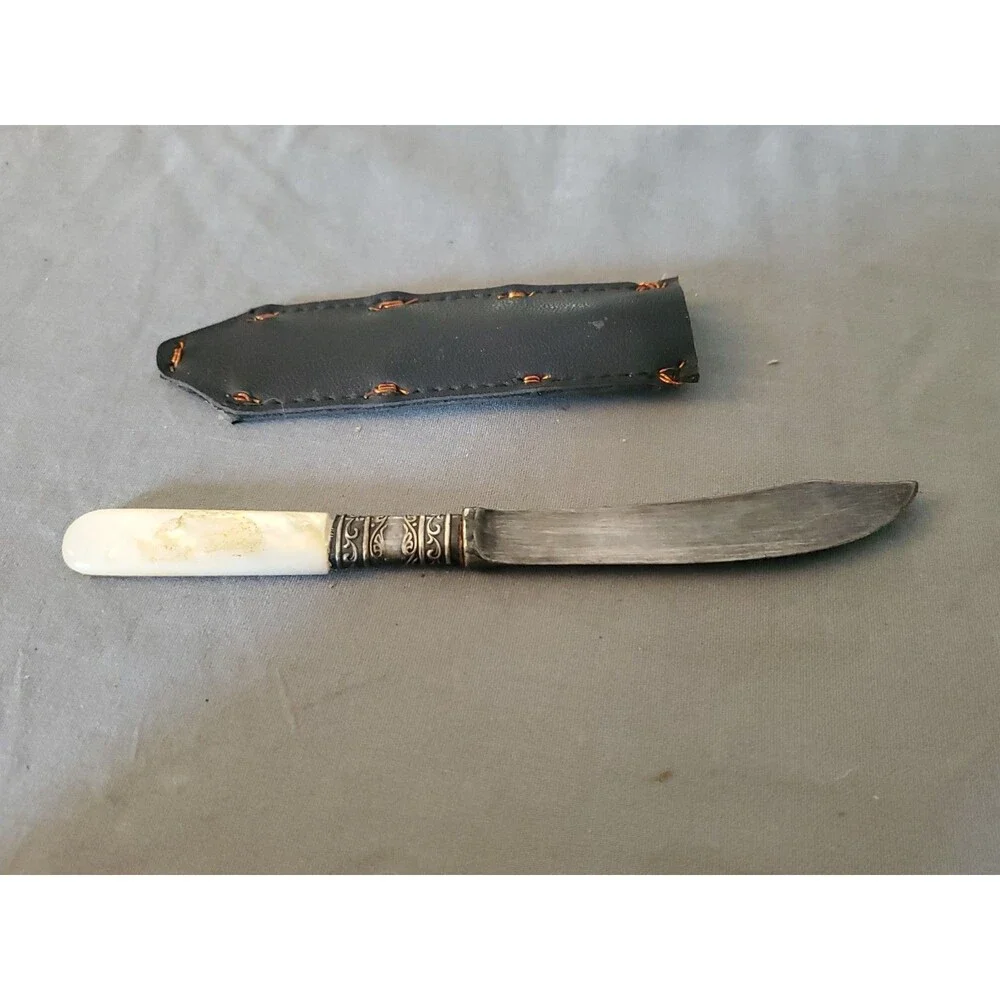 ANTIQUE 1866? MERIDEN CUTLERY FRUIT KNIVE MOP HANDLES STERLING SILVER BANDS